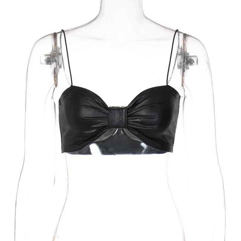 Sexy Bow Tie Shape Bare Midriff PU Holder Crop Tops Women Bustier Tank Top Backless Camisole Female Sleeveless Cropped Vest M250513