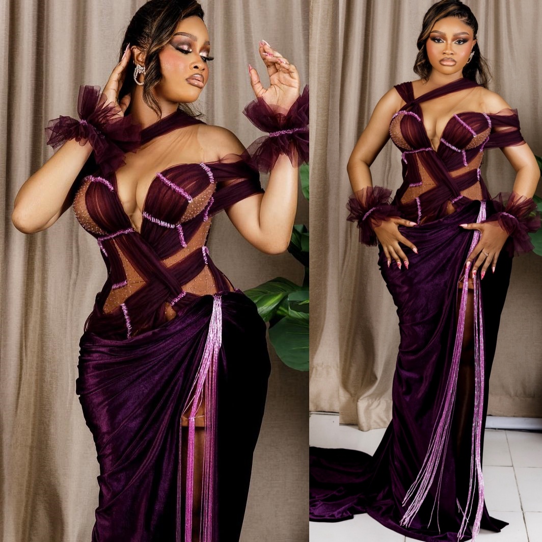 Burgundy Sheath Plus Size Prom Dresses 2025 Beadings High Split Velvet Evening Formal Party Second Birthday Engagement Gowns Dress For Special Occasio