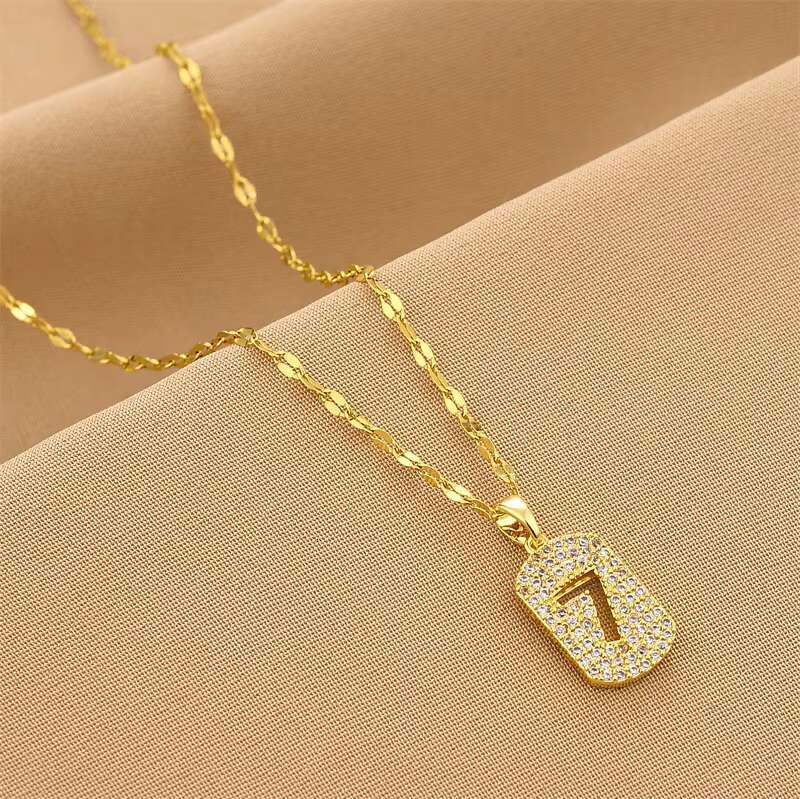 New Design Gold Plated Stainless Steel Chain Buckle Necklace Seven Character Square Pendant Zircon Fashionable and Elegant