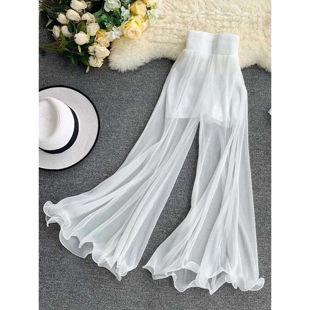 ZOKI Women Flare Loose Gauze Elastic High Waist Ruffle Chiffon Ladies Trousers Fashion Black White Summer Female Pants New