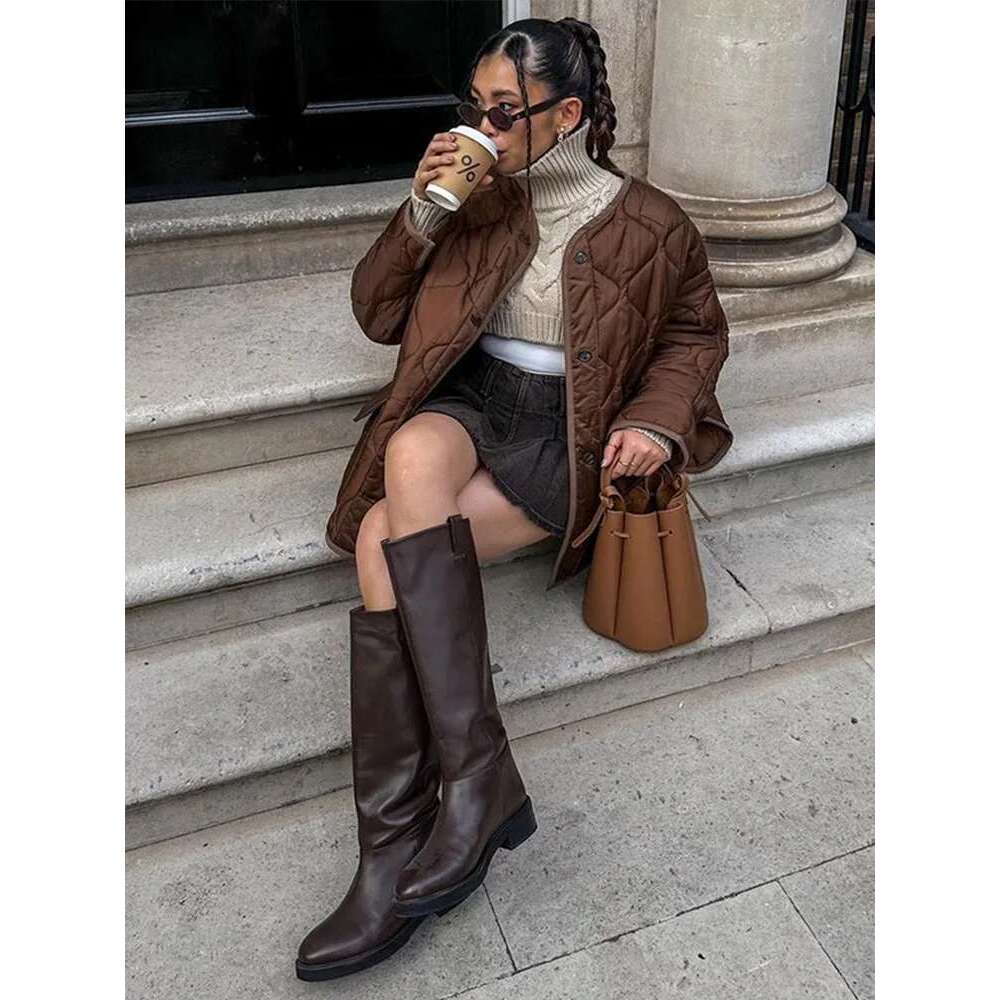 Rhomboid Pattern Women Cotton Coat Solid O-neck Irregular Striped Long Sleeve Single Breasted Female Jacket Winter Lady Overcoat
