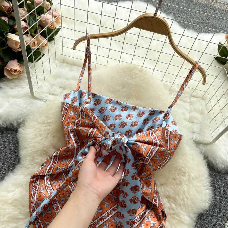 Womens Sexy Backless asymmetrical lace-up Camis Print Tank Top Chic One-piece Corset Bustier Summer Beach vacation Crop Top M250513