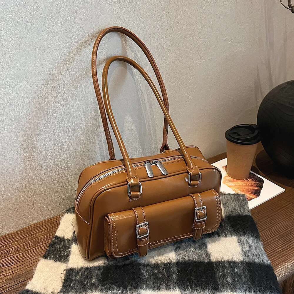 Shoulder Women With Multi-Pockets Boston Tote PU Leather Solid Underarm Bag Zipper Handbag For Work Travel