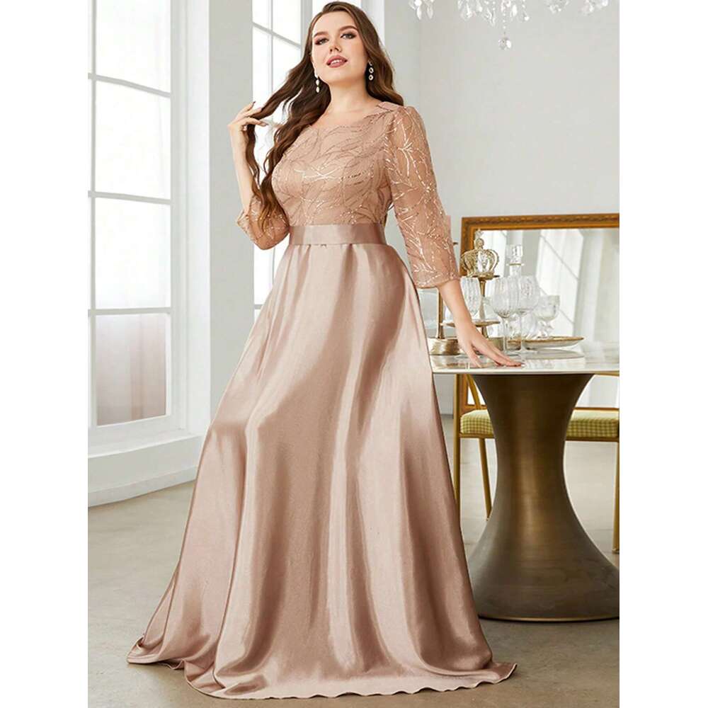 Mgiacy Crew neck sleeve sequin patchwork satin long gown ball Party Bridesmaid dress