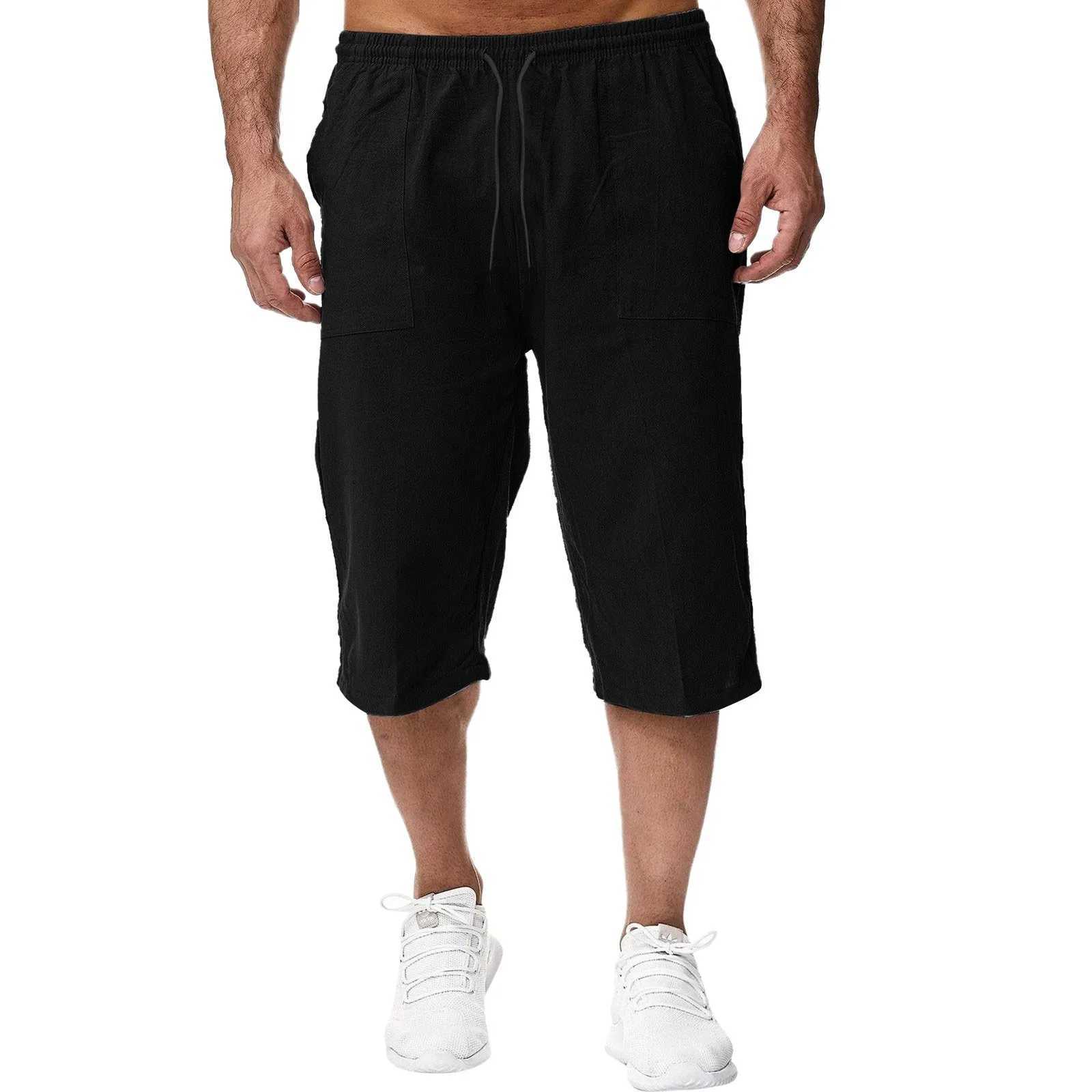 Mens Cropped Pants Drawstring Pocket Sweatpants Sport Jogging Casual Long Pants Beach Breathable Capri Trousers Z250513