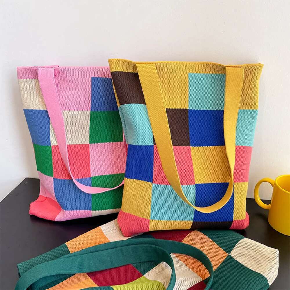 Rainbow Checkerboard Handbag Women's Handmade Knitted Woolen Bucket Japanese Casual Tote Bag Reusable Shopping Bags New