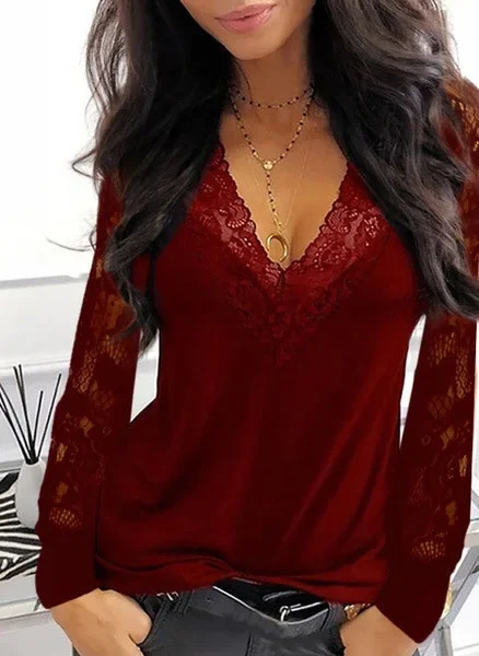 Fashionable Long Sleeve TShirt Lace Trim Splice Vneck Seethrough Womens Crossborder Clothing Of The Season Polyest 250513