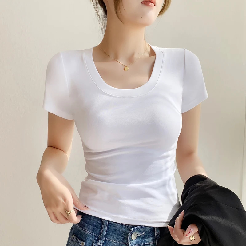 Tshirt Womens Short Sleeve Summer Show Collar Slim Threaded Round Neck Body Shirt White Tops 250513
