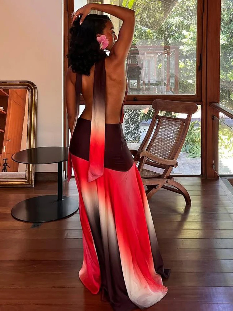 Sisterlinda Summer Release Junior Fashion Leisure Sexy High Street Long Dress K25D66166 Girl Printing Halter Slim Backless Robe 250513
