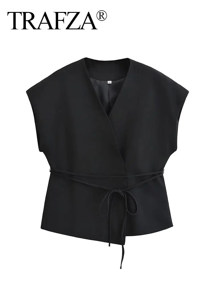 TTRAFZA Women Vintage Solid Vest With Lace Up Sleeveless V Neck Shirt Summer Female Casual Commuting Chic Top Blouse 250506