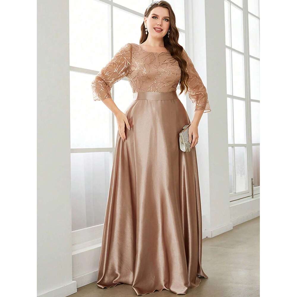 Mgiacy Crew neck sleeve sequin patchwork satin long gown ball Party Bridesmaid dress
