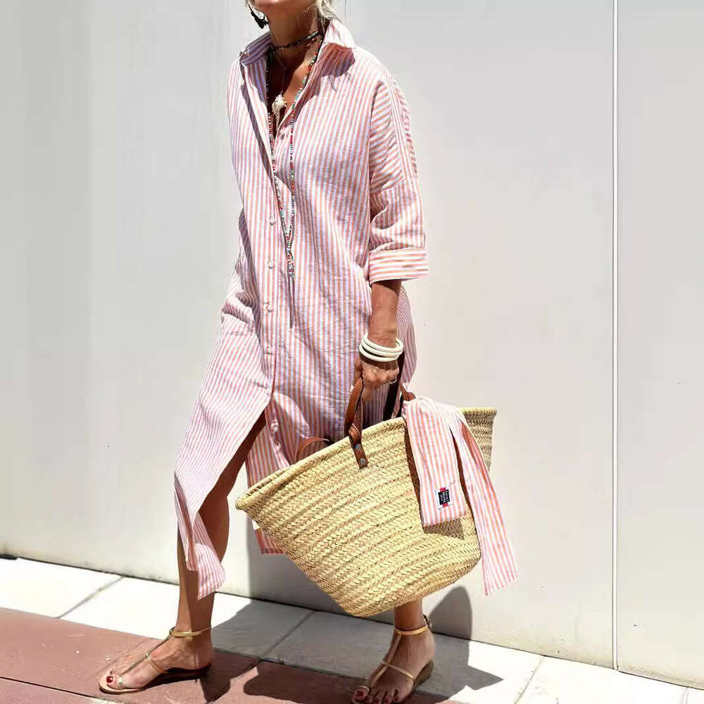 European American women's five quarter sleeve striped cardigan, lapel shirt dress 8061, 2025 new style, chic and elegant clothing
