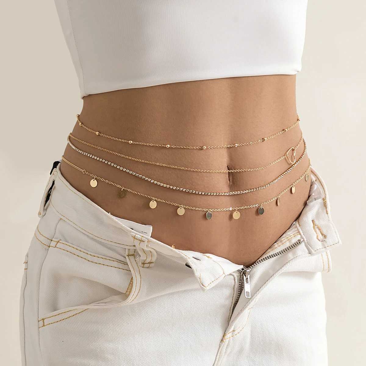 4pcs/Set Punk Aesthetic Thin Belly Chain for Waist Geometric Heart Sequins Sexy Body Jewelry Tennis Chain Rhinestone AccessoriesT250513