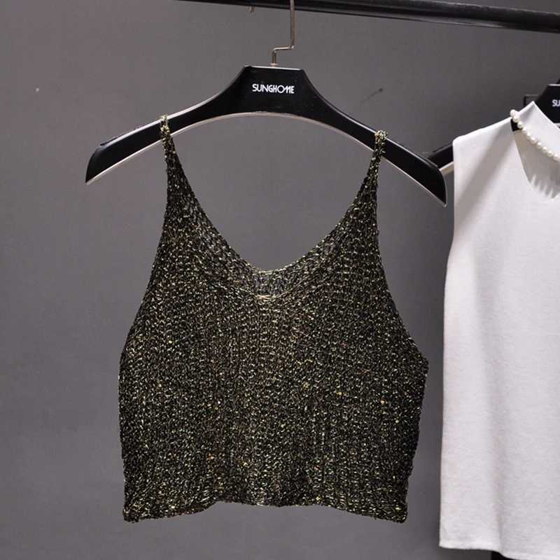 Sparkling Sequins Half Waist Render Knitwear Hollow-out Is Sexy Waist Condole Top Cropped Sexy Streetwear Woman Tops Summer M250513