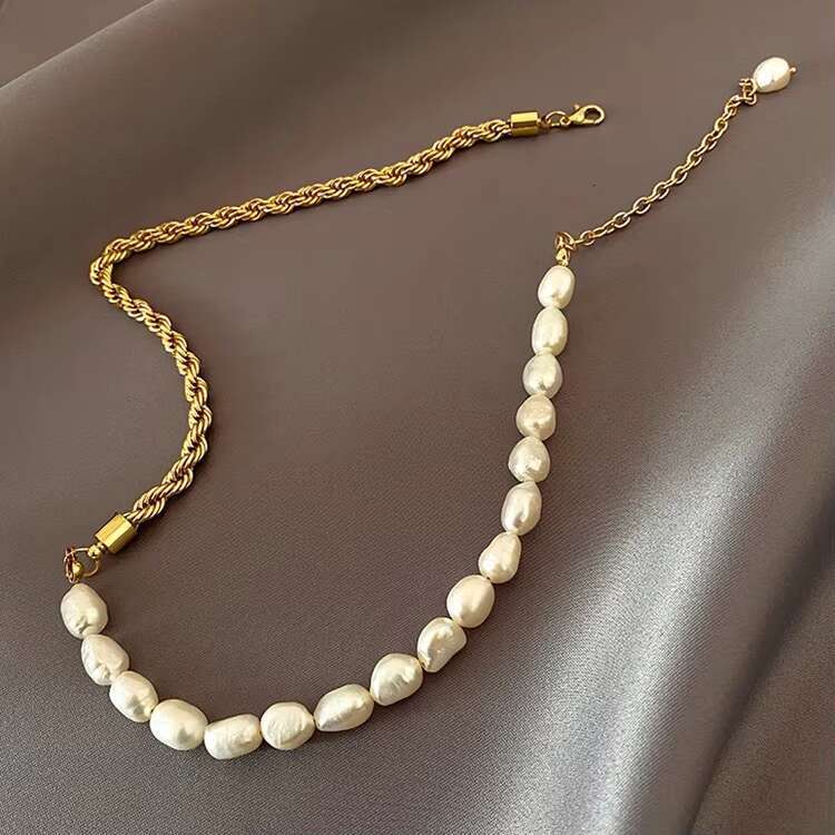 Fashion women's jewelry pearl pendant splicing stainless steel twisted gold-plated hip-hop necklace trend simple collarbone chain