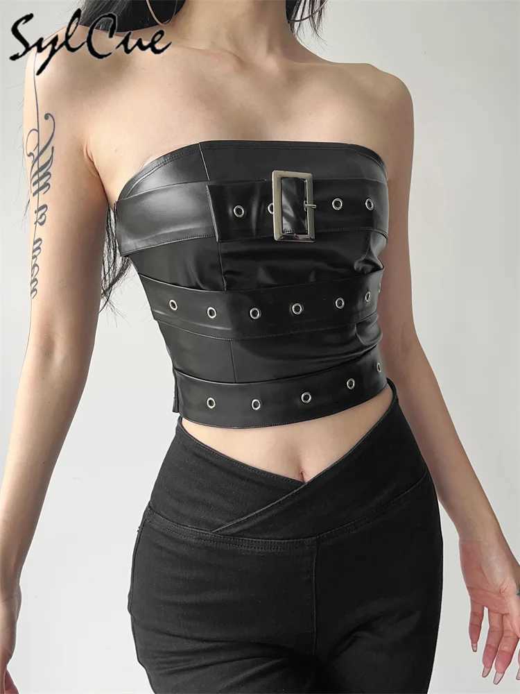Sylcue Classic Retro Matte Black Mysterious Sexy All-Match Personality Fashionable Summer Travel Cool Women Belt Chest Wrap Vest M250513