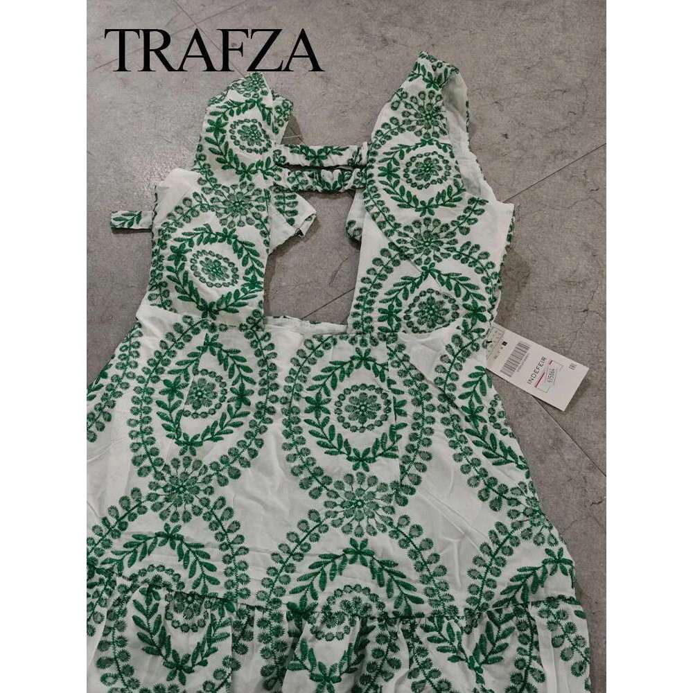 TRAFZA Woman Summer Long Dresses Green Embroidery Sleeveless Sexy Backless Dress Female Beach Style For Holiady Vestidos