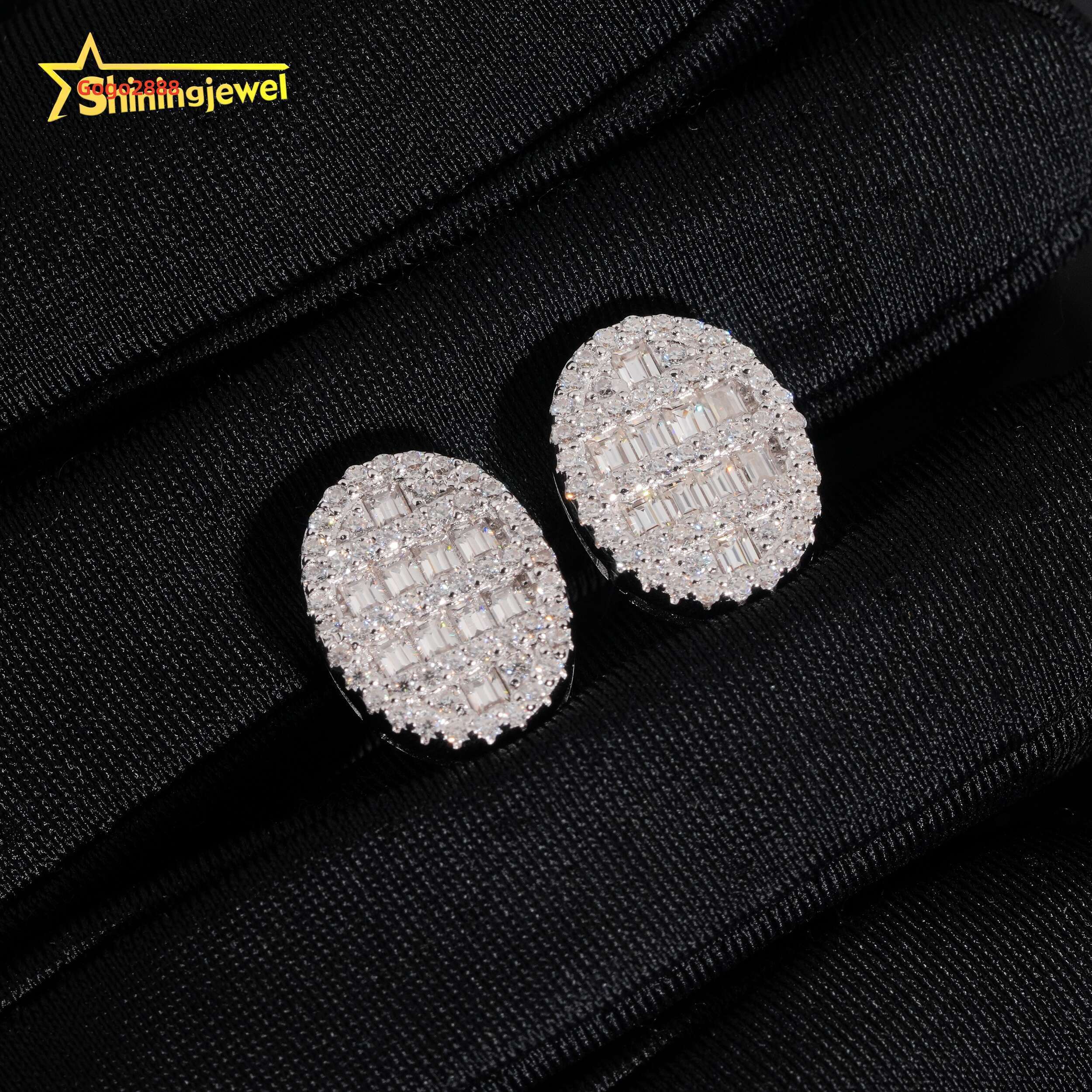 Baguette Cut Iced Out Moissanite Earrings 925 Sterling Silver Hip Hop Ear Rings with Diamonds for Men Women Oval Stud Earrings