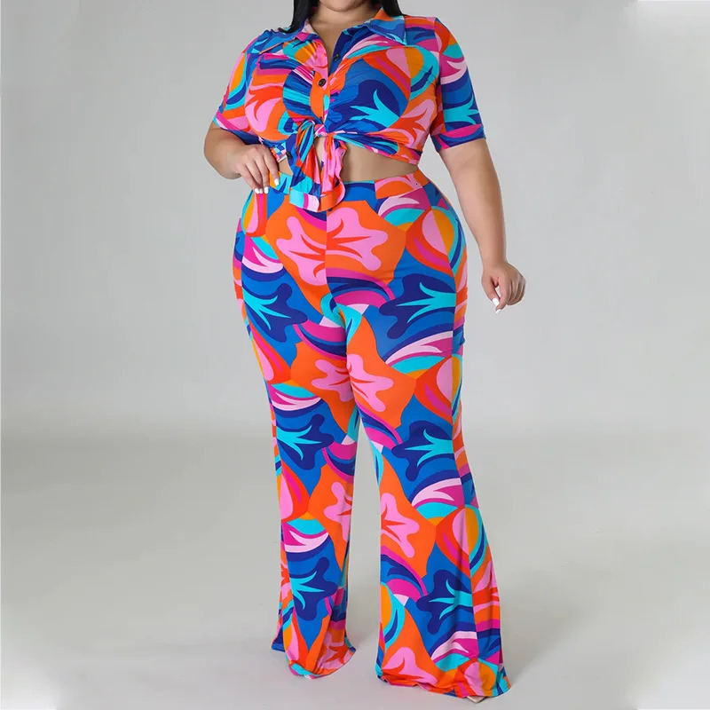 Perl Plus Size Printed Curve Two Piece Set Womens Holiday Single Chest TopPants Street Matching 250506