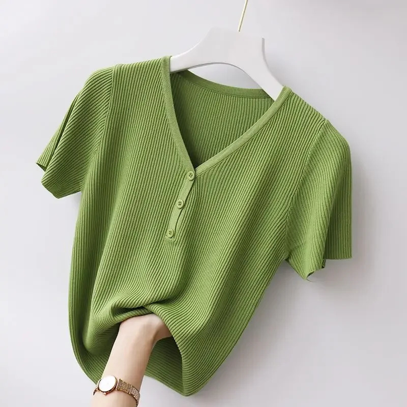 V Neck Long Sleeve Ribbed Knit T Shirt Women Spring Summer Casual Top Streetwear Y2K Basic Tops Tees 250513