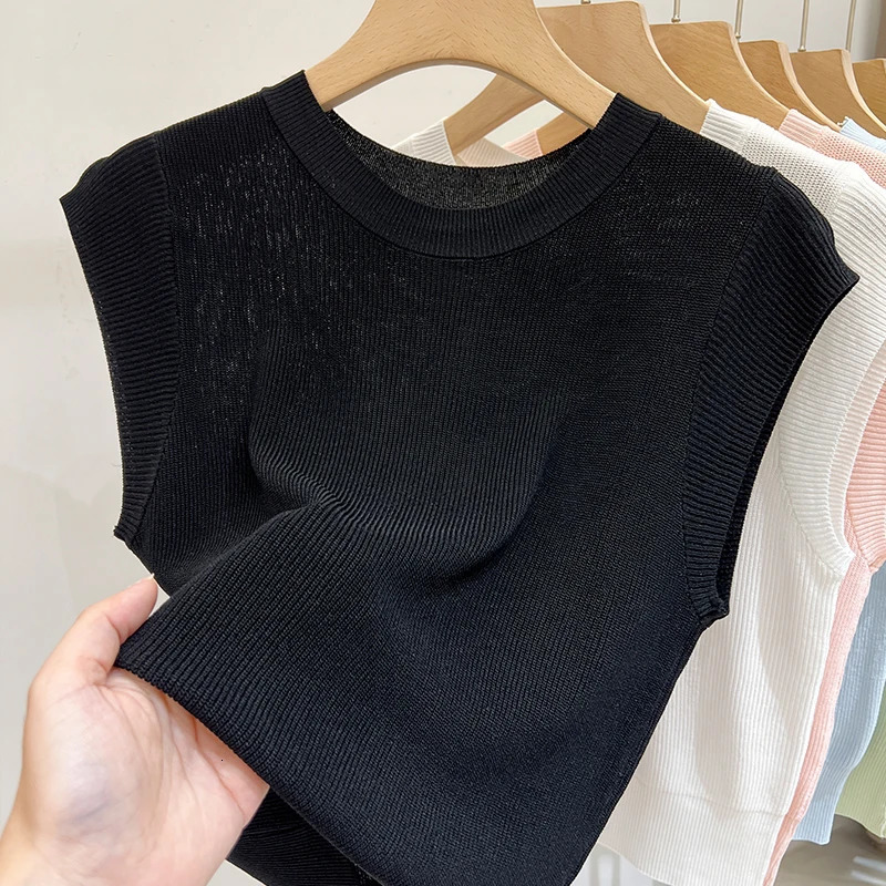 Korea Knitted Vests Women Top Solid Tank Blusas Mujer De Moda Summer Fashion Female Sleeveless Casual Thin Tops 250513