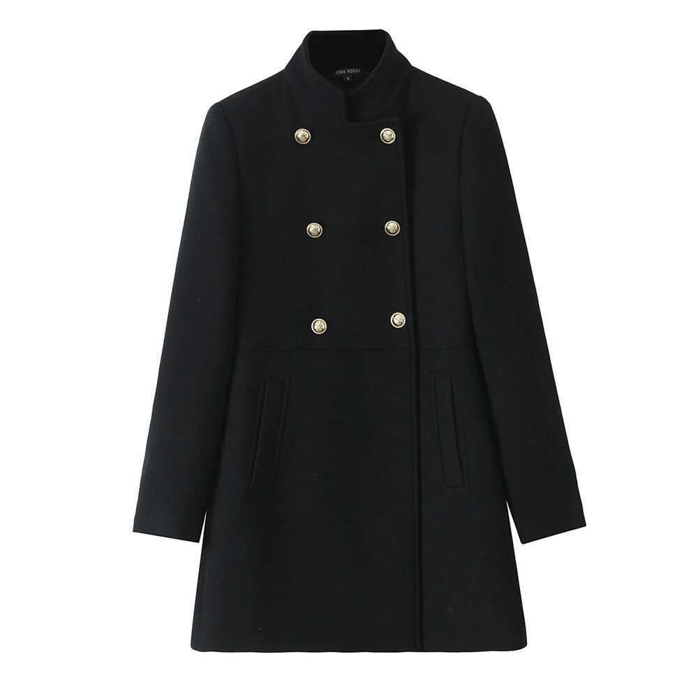 TRAF Autumn New Product Women's Fashion Style Long Sleeve Stand Collar Double Row Buckle Medium length Coat