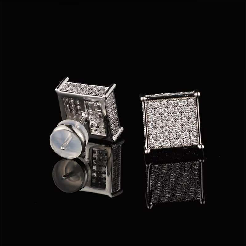 Personalized Hip Hop Men Women Screw Back Bling Cz Iced Out Diamond Moissanite Square Geometric Shape Silver Studs Earrings