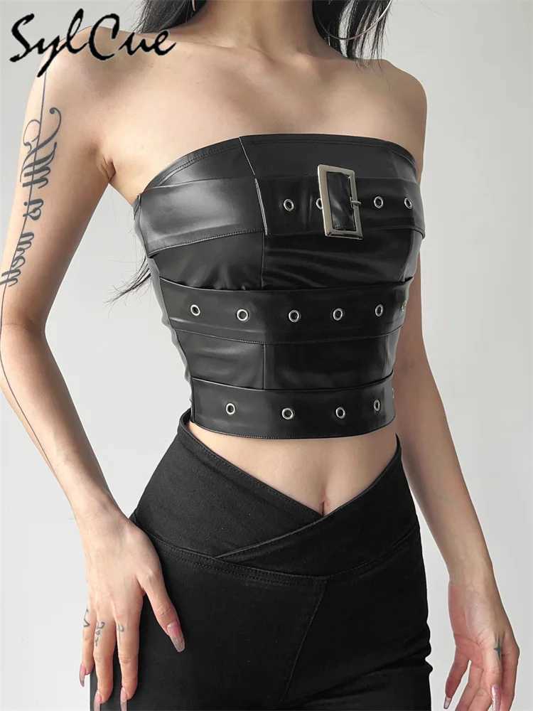 Sylcue Classic Retro Matte Black Mysterious Sexy All-Match Personality Fashionable Summer Travel Cool Women Belt Chest Wrap Vest M250513