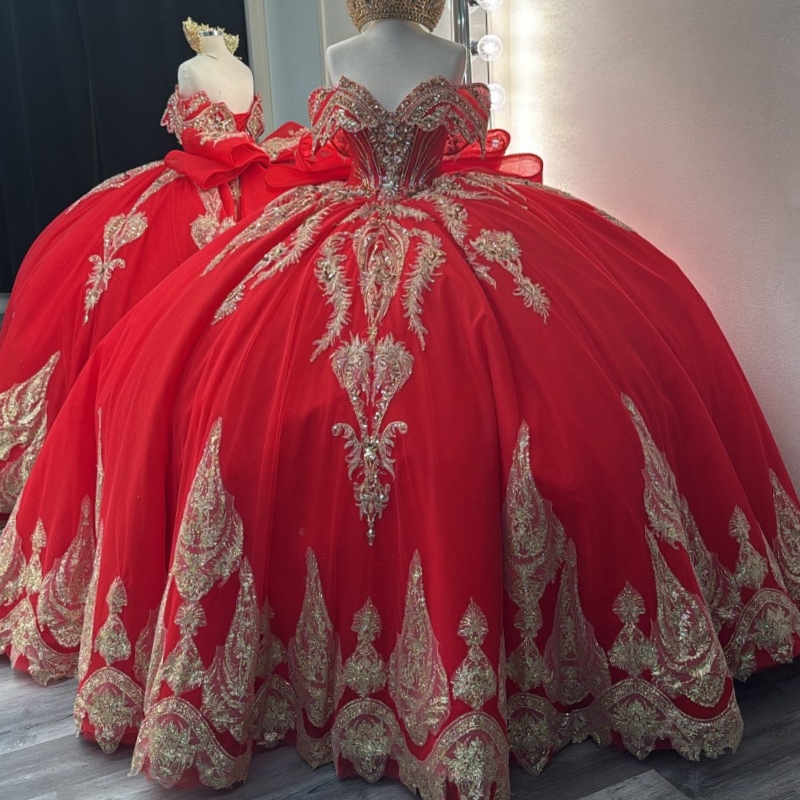 Red Shiny Quinceanera Dresses Off Shoulder Ball Gown Sweet 16 Dress Beading Crystal Gold Applique Lace Tull Birthday Party Vestidos 15 De Anos