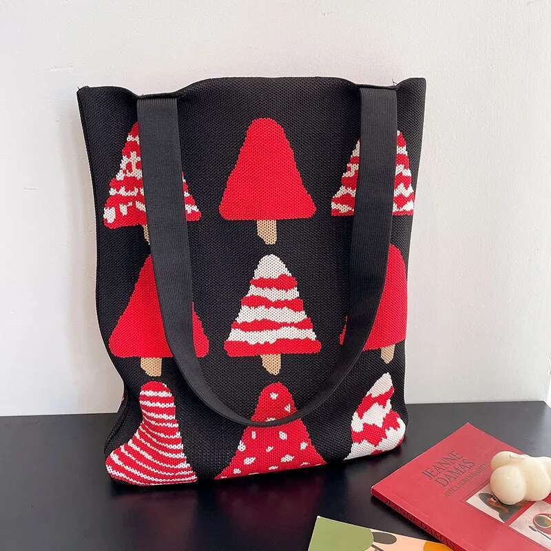 Rainbow Checkerboard Handbag Women's Handmade Knitted Woolen Bucket Japanese Casual Tote Bag Reusable Shopping Bags New