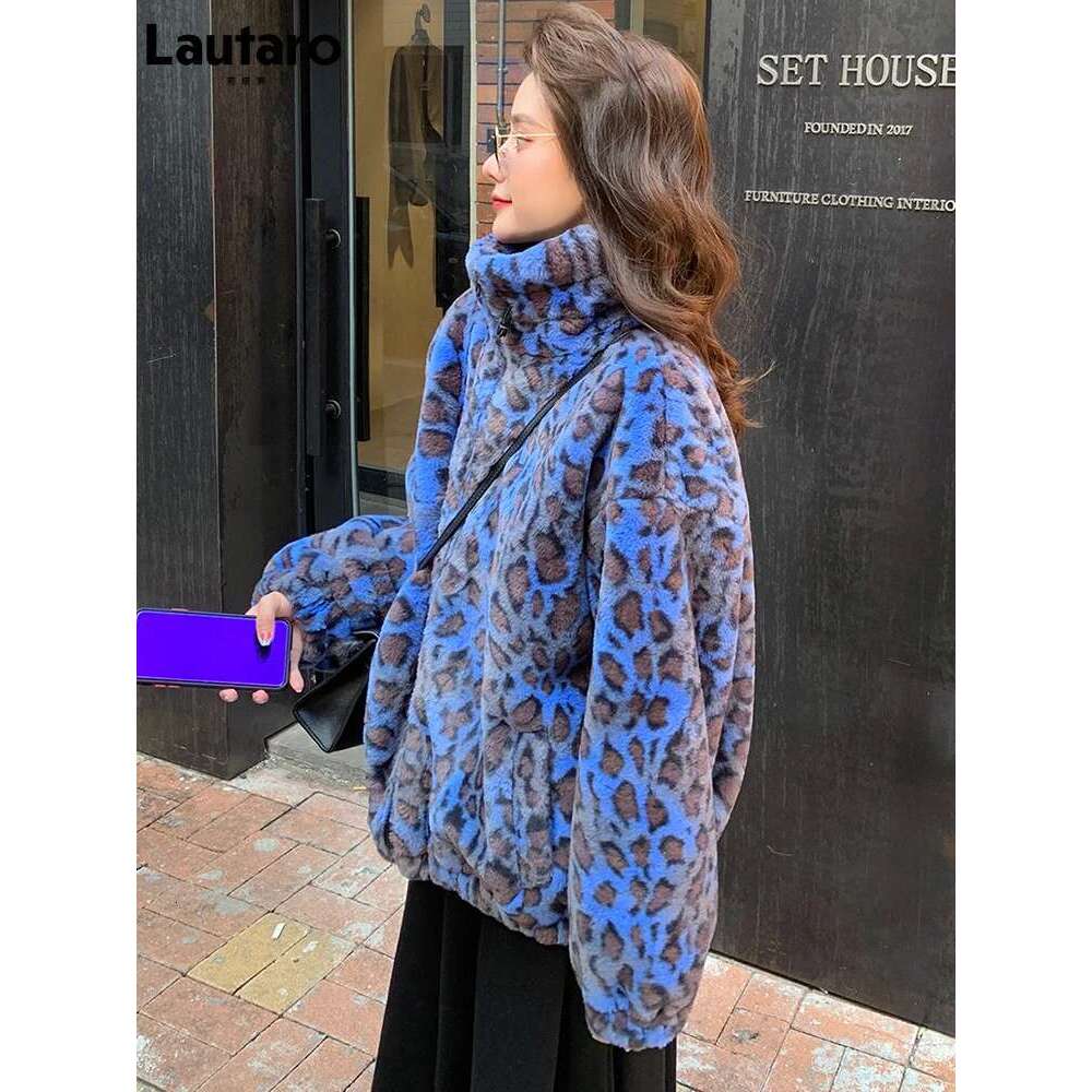 Lautaro Winter Oversized Colorful Leopard Print Faux Fur Coat Women Long Sleeve Zip Up Warm Soft Fluffy Jacket Korean Fashion Designer Designer
