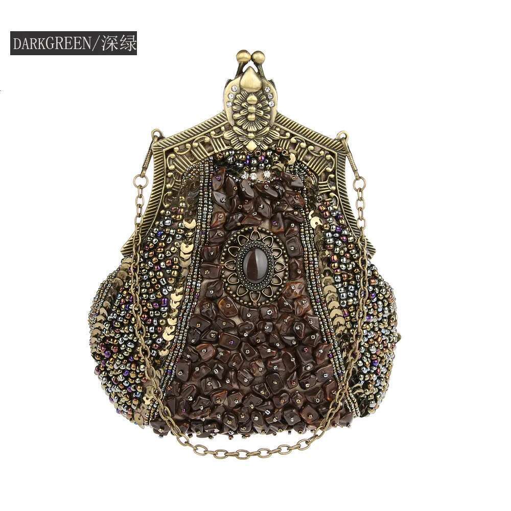 Designer Bag 2025 Retro Fashion Pearl Sequin Beaded Clutches Handbag For Women Vintage Antique Gold Color Chain Shoulder Bag Party Evening Bags Luxury