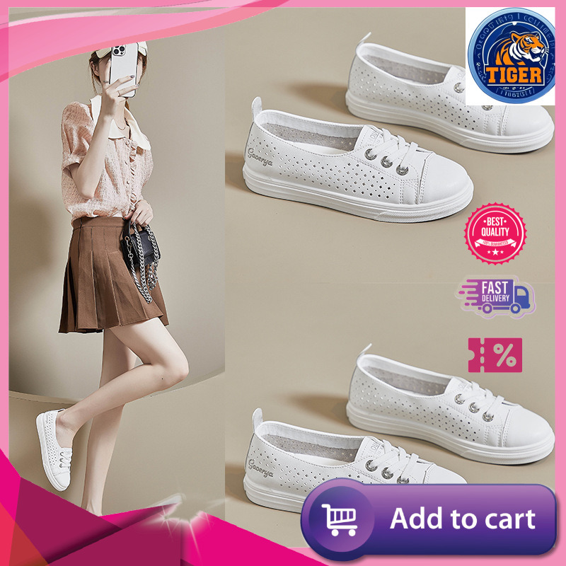 Ddmytiger Shallow Mouth White For Women In Spring And Summer Thin Breathable Lace Up Thick Soled Hollowed Out Leather Low Cut Casual Board Shoes Outdo