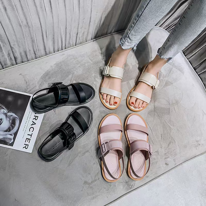 sweet women/girl's pink leather flat sandals double band buckle belt gladiator sandalias mujer brand sandalen dames big size 43