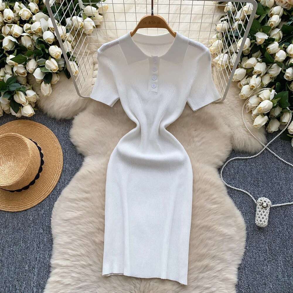 REALEFT Vintage Summer Polo Collar Women's Knitted 2025 New Short Sleeve Buttons Casual Sheath Wrap Knitwear Dress Female