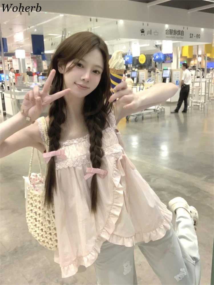 Sweet Cute Bow Tanks Womens Lace Patchwork Sling Vest 2025 Womens Clothing Irregular Ruffles Summer Camis Fashion Pink Pleated Tops M250513