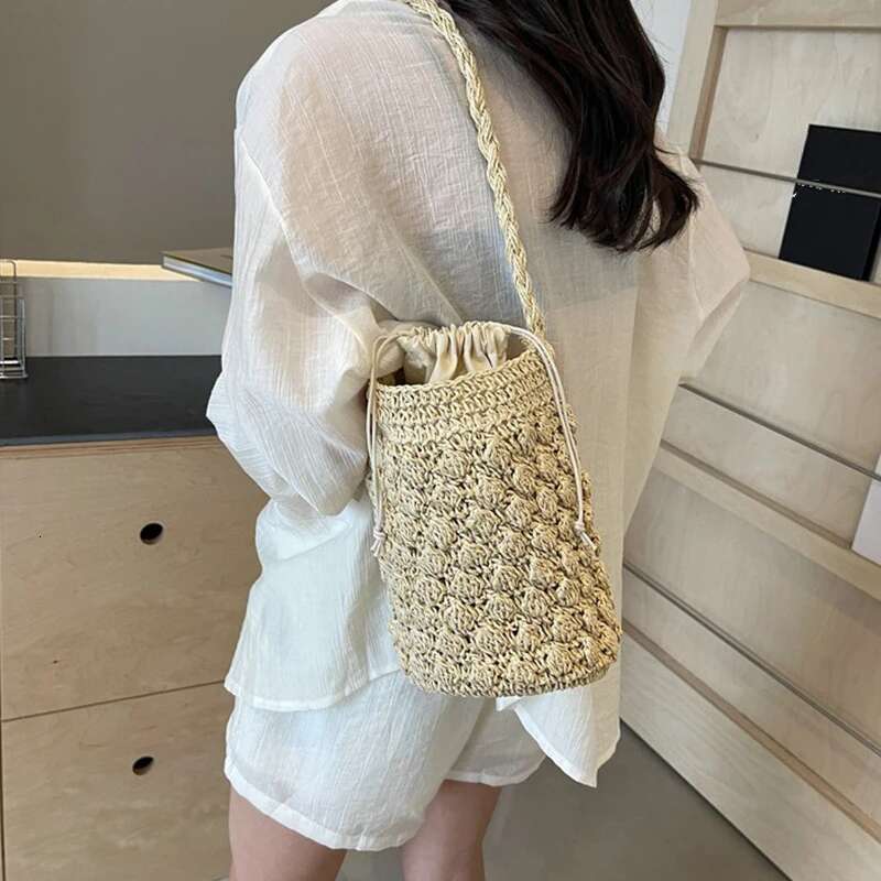 Handmade Woven Bucket For Women Bohemian Shoulder Bags Knitted Summer Straw Beach Bag Female Round Cut Out Handbags