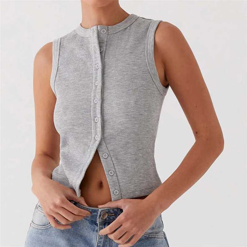 Vintage Ribbed Women Button Tank Tops Casual Summer Solid Color Sleeveless Crop Tops Basic Vest Y2K Aesthetic Clothes Streetwear M250513