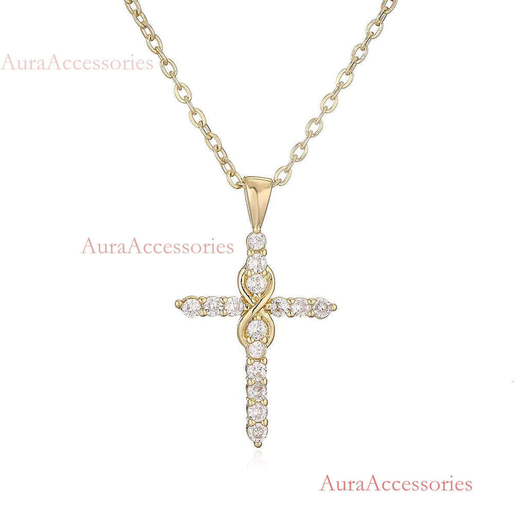 Retro Gold Plated Do Not Fade Clear Crossed Dia Zircon Cubic Zirconia Cross Pendant Necklace
