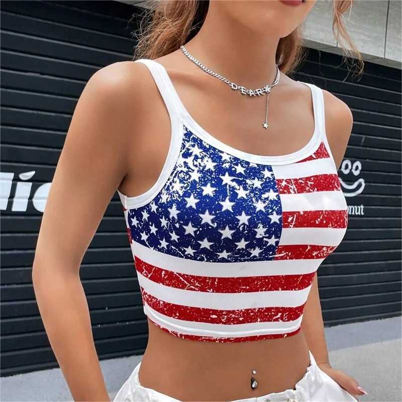 Gothic Punk New USA Flag Crop Top Sexy Backless Tank Slim Womens Mini Vest Summer Y2k Clothes Short White Camisole E-girls M250513
