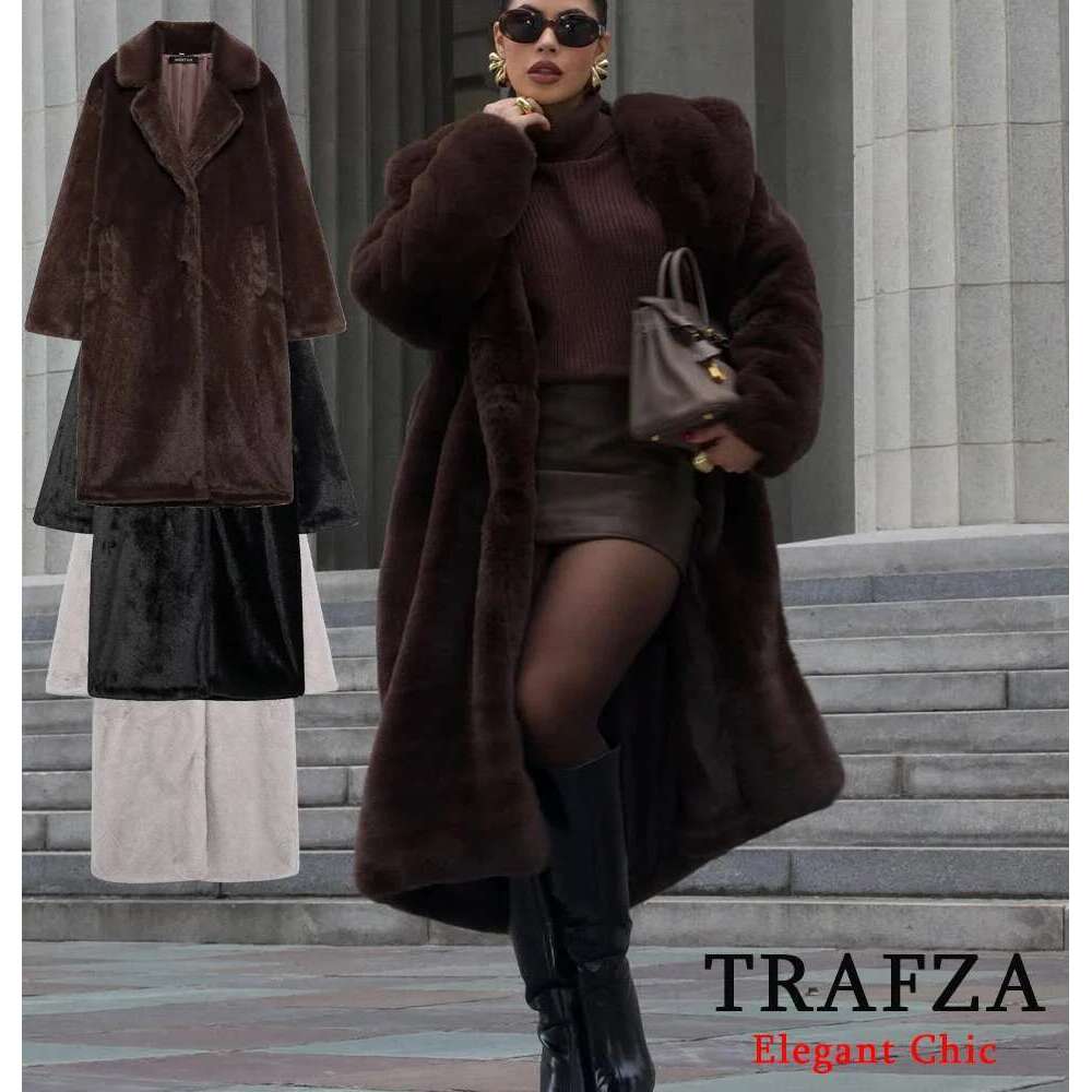 Women's Fall Winter Faux Fur Long TRAFZA Vintage Lapel Buttons Loose New 2025 Fashion Casual High Street Warm Coat Designer