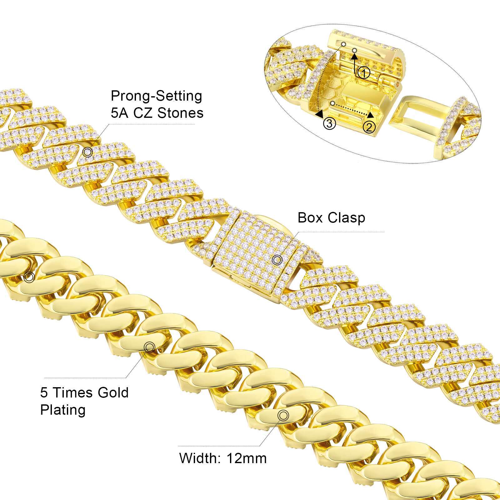 12MM Link Chain 14K Gold Plated Cubic Zirconia Hip Hop Fine Jewelry Gift Mens Iced Out Miami Cuban Necklace for Men Women