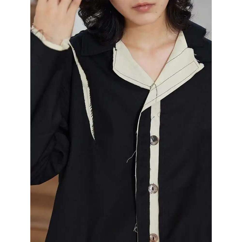 EAM Women Color-block Burr Big Size Black Blouse New Lapel Long Sleeve Loose Fit Shirt Fashion Tide Spring Autumn 2025 1DF3955
