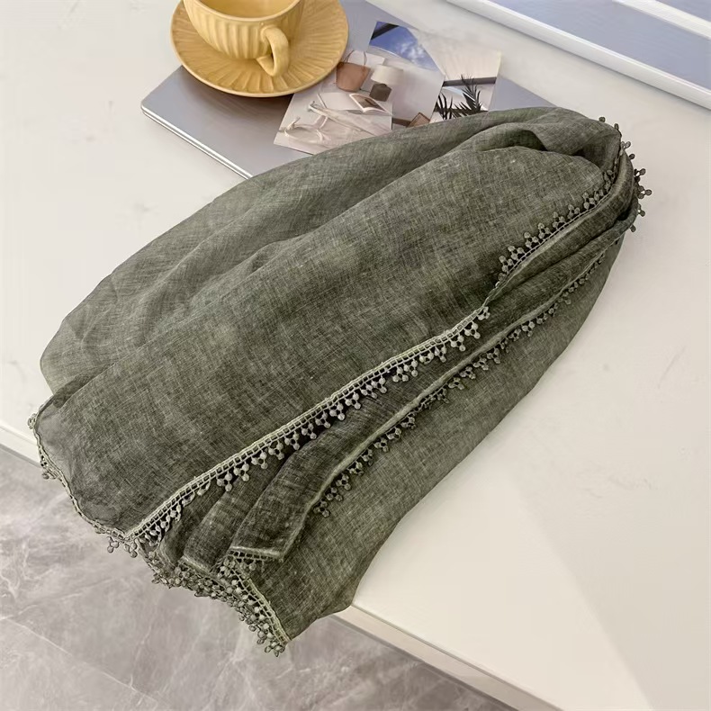 T702 solid color sunshade shawl scarf cotton linen long solid color lace splicing holiday scarf
