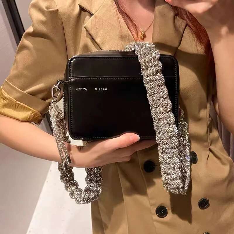 Designer Rhinestones Dia Bling Woven Shoulder Strap Square Women's Handbag Evening Clutch Purse Messenger Bag