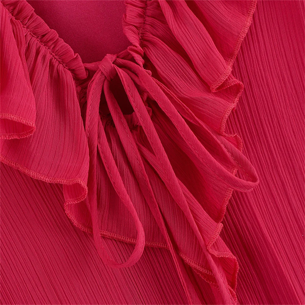 UNIZERA womens fashionable solid color pleated effect long sleeved temperament summer dress 250513