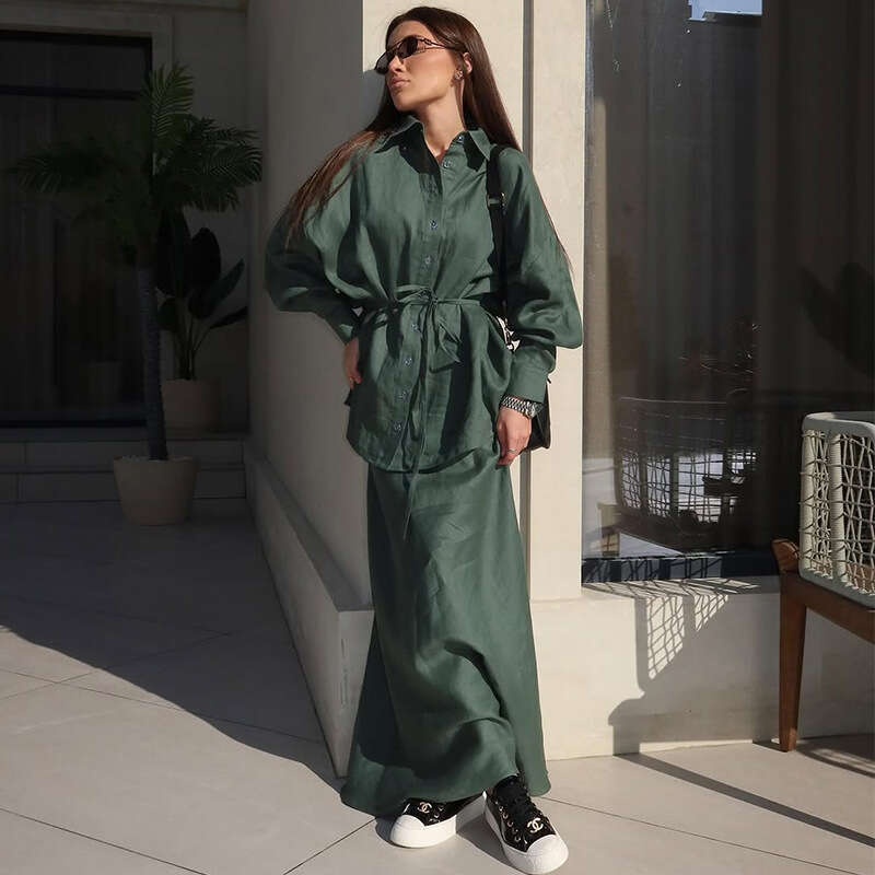 Women's Summer New Style Lapel Tie Loose Sleeved Shirt High Waisted Long Skirt Casual Set B5
