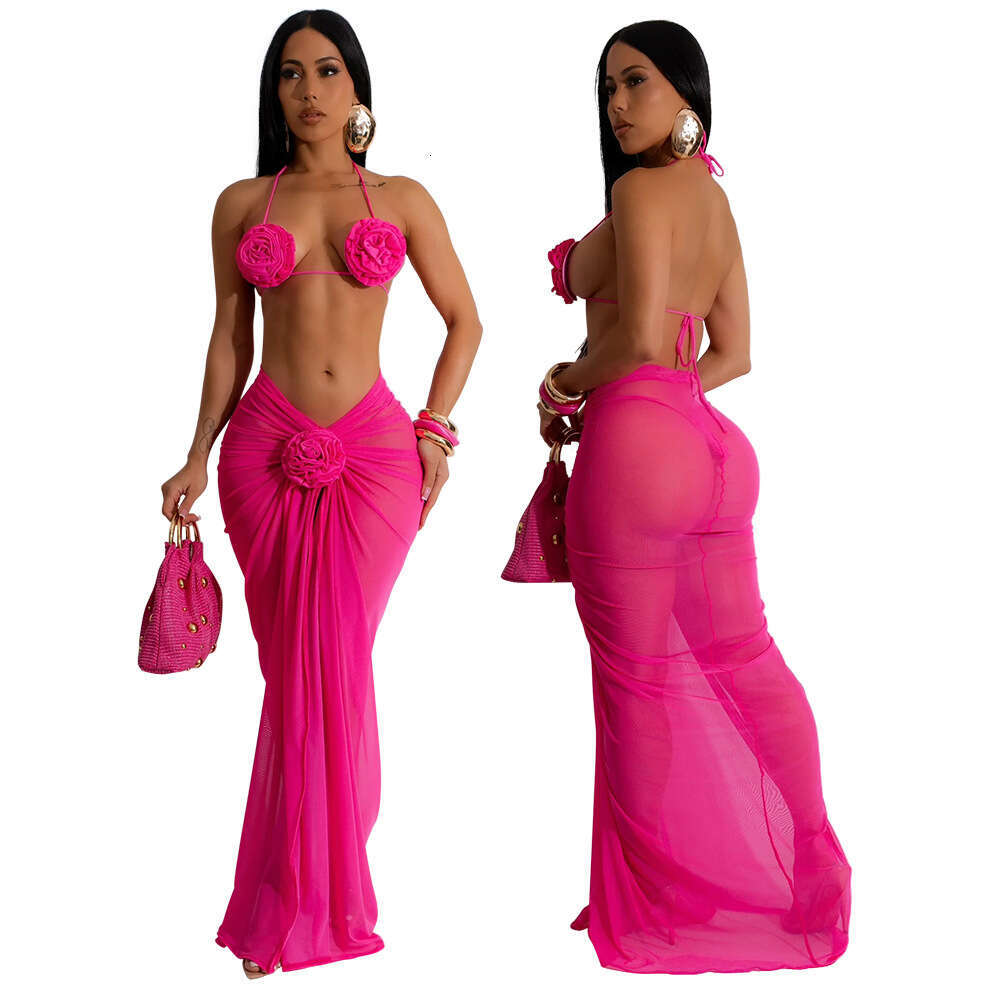 New European American fashion pure three-dimensional color sexy backless tied neck bikini three piece set 2025 new style chic and elegant clothing