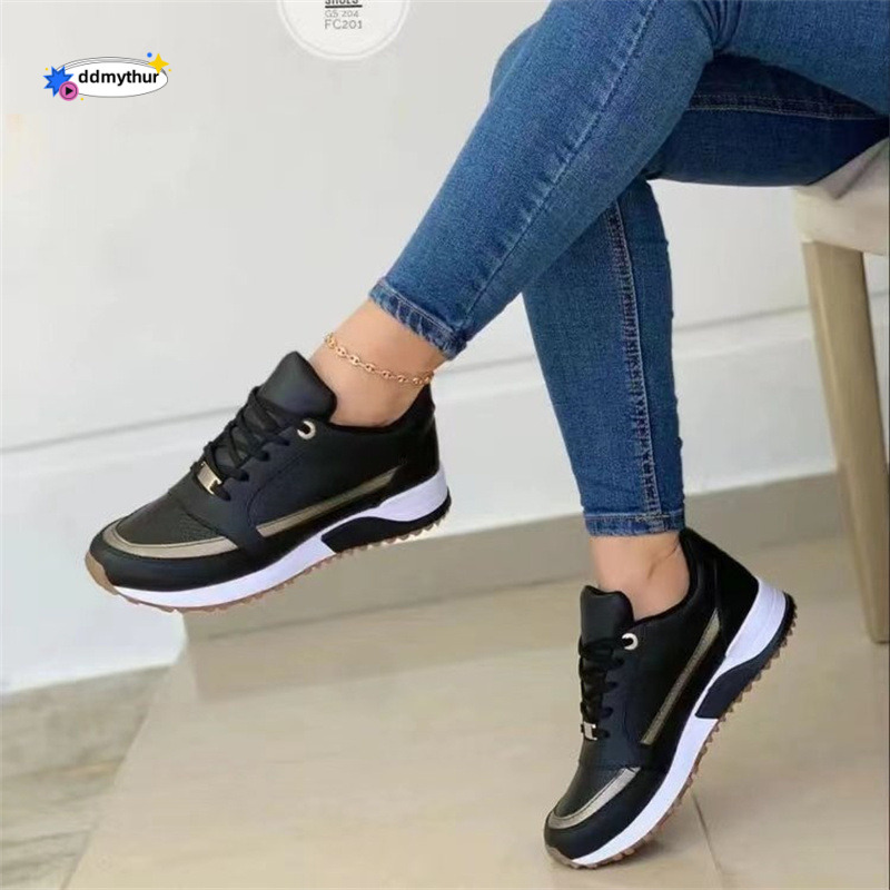 Single shoe 2024 autumn new item, spring and summer thick soled low top lace up flat bottom casual sports shoes, plus size women's shoes ddmythur