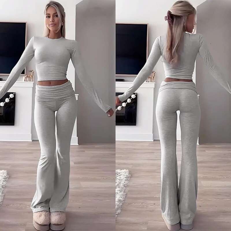 Comfy Cotton Lounge Wear Women Clothes High Stretch Slim Crop Top and Skinny Flare Leg Pants Suit Gym Fiess 2 Two Piece Sets
